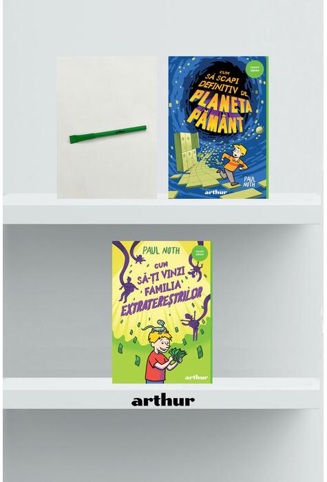 Copertă produs Pachet extraterestru (Cum să scapi definitiv de Planeta Pământ, Cum să-ți vinzi familia extratereștrilor) și pix